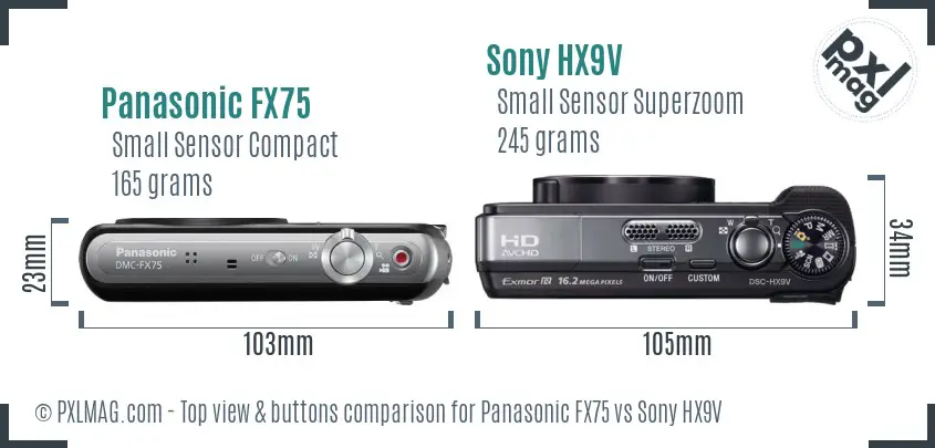 Panasonic FX75 vs Sony HX9V top view buttons comparison Panasonic FX75 vs Sony HX9V top view buttons comparison