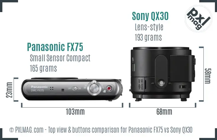 Panasonic FX75 vs Sony QX30 top view buttons comparison Panasonic FX75 vs Sony QX30 top view buttons comparison