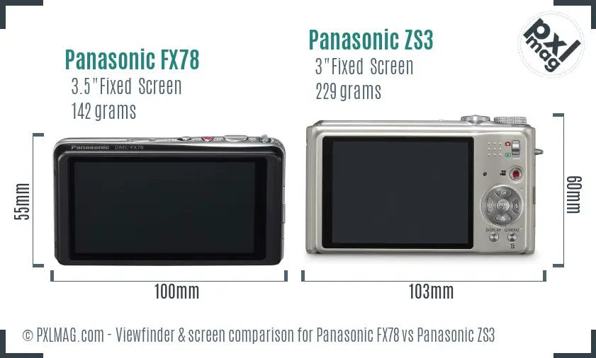Panasonic FX78 vs Panasonic ZS3 Screen and Viewfinder comparison