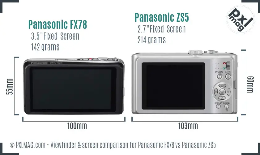 Panasonic FX78 vs Panasonic ZS5 Screen and Viewfinder comparison
