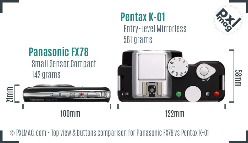 Panasonic FX78 vs Pentax K-01 top view buttons comparison