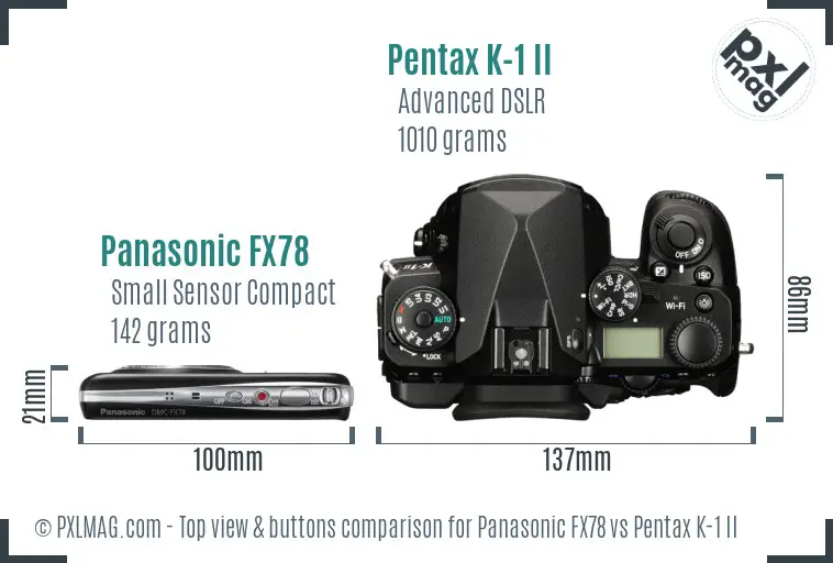 Panasonic FX78 vs Pentax K-1 II top view buttons comparison