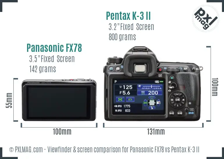 Panasonic FX78 vs Pentax K-3 II Screen and Viewfinder comparison