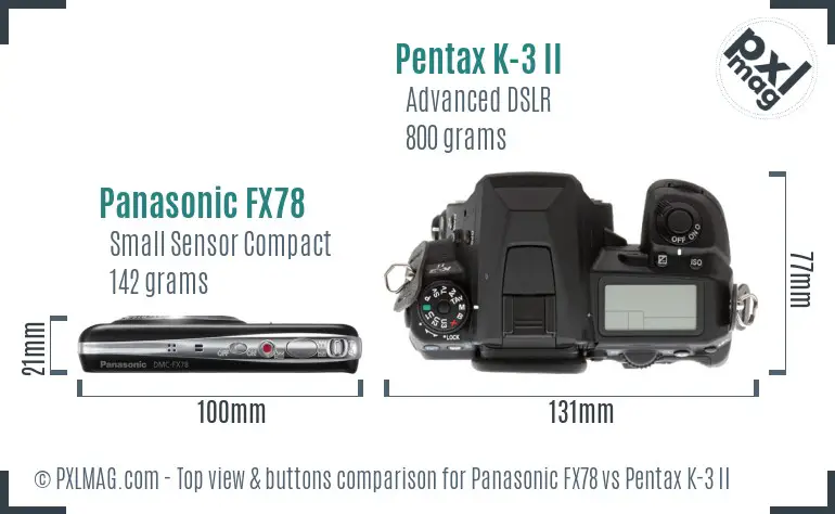 Panasonic FX78 vs Pentax K-3 II top view buttons comparison