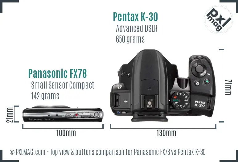 Panasonic FX78 vs Pentax K-30 top view buttons comparison