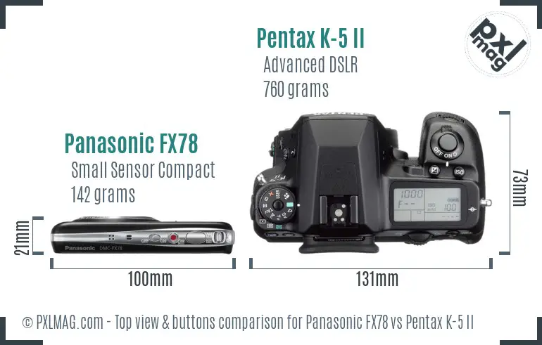Panasonic FX78 vs Pentax K-5 II top view buttons comparison