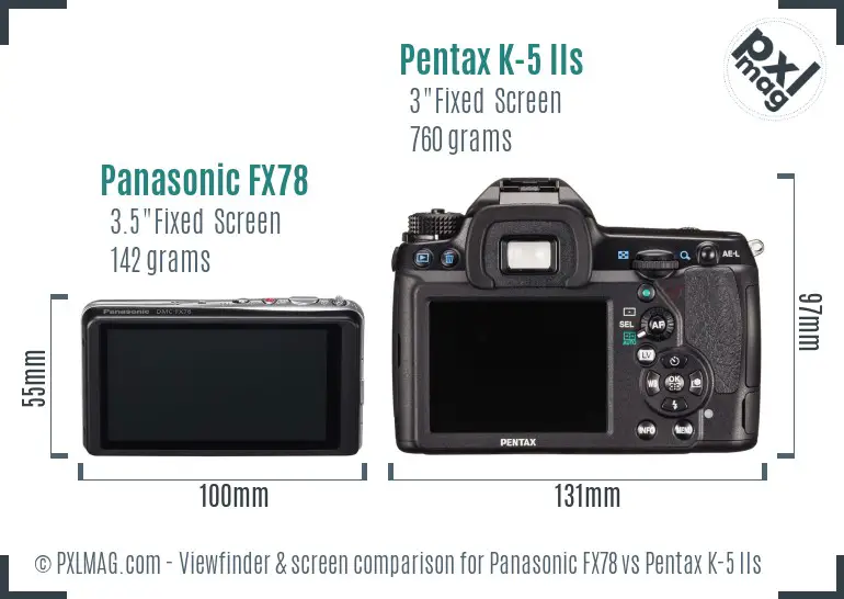 Panasonic FX78 vs Pentax K-5 IIs Screen and Viewfinder comparison