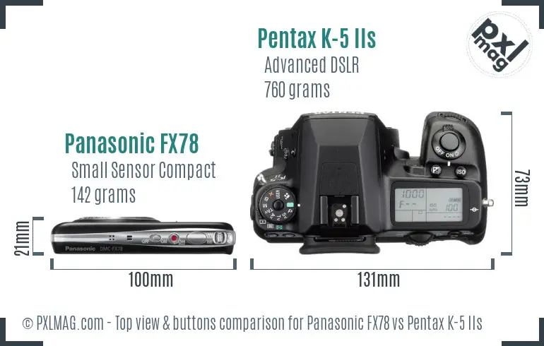 Panasonic FX78 vs Pentax K-5 IIs top view buttons comparison