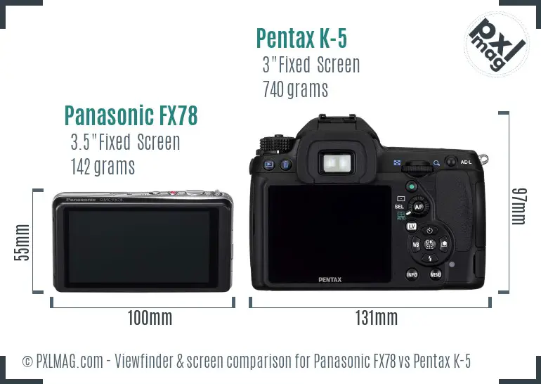 Panasonic FX78 vs Pentax K-5 Screen and Viewfinder comparison
