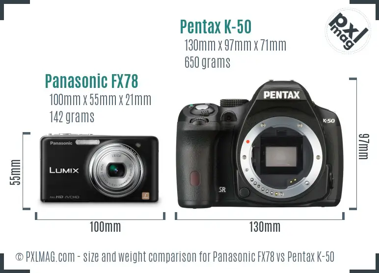 Panasonic FX78 vs Pentax K-50 size comparison