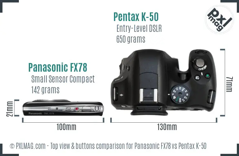 Panasonic FX78 vs Pentax K-50 top view buttons comparison