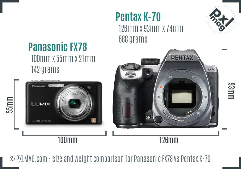 Panasonic FX78 vs Pentax K-70 size comparison