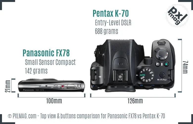 Panasonic FX78 vs Pentax K-70 top view buttons comparison