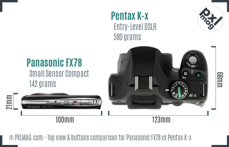 Panasonic FX78 vs Pentax K-x top view buttons comparison