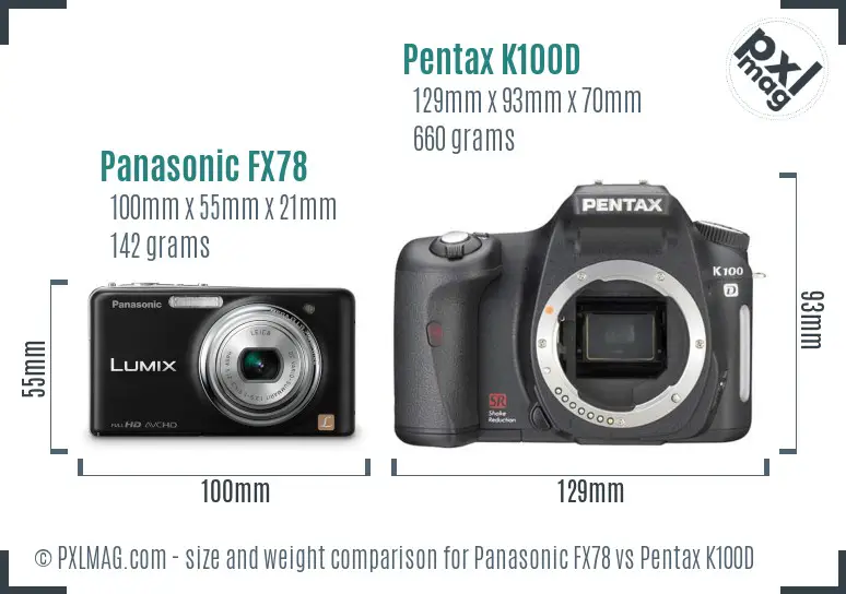 Panasonic FX78 vs Pentax K100D size comparison