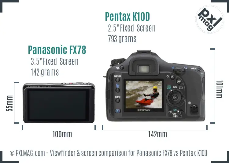 Panasonic FX78 vs Pentax K10D Screen and Viewfinder comparison