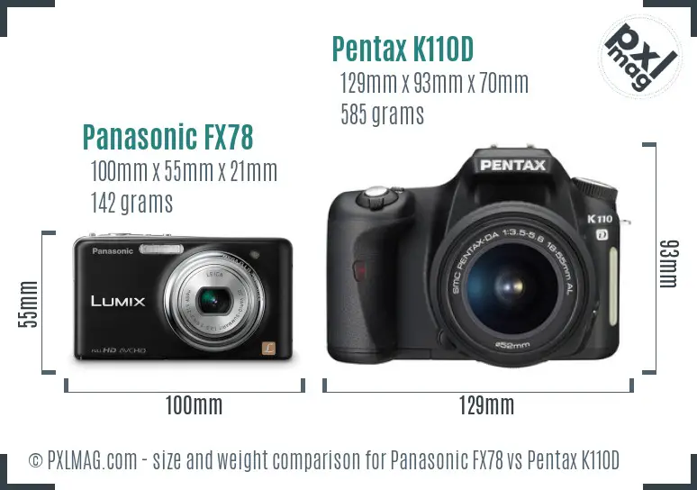 Panasonic FX78 vs Pentax K110D size comparison