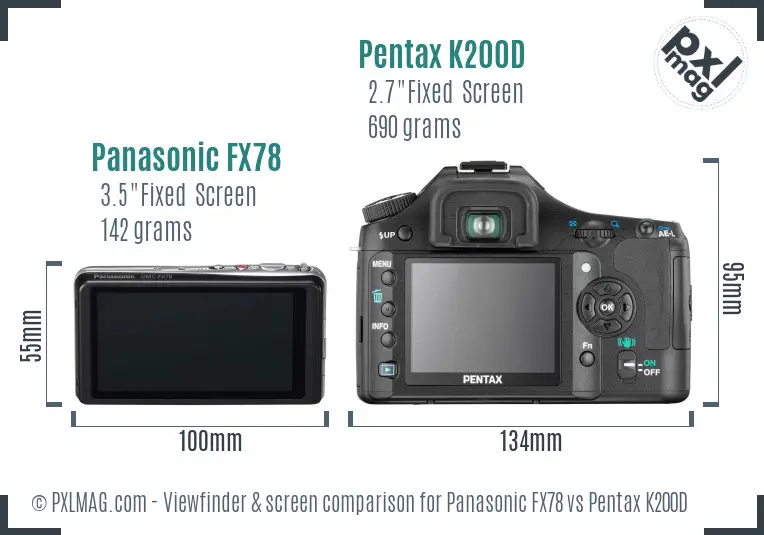 Panasonic FX78 vs Pentax K200D Screen and Viewfinder comparison