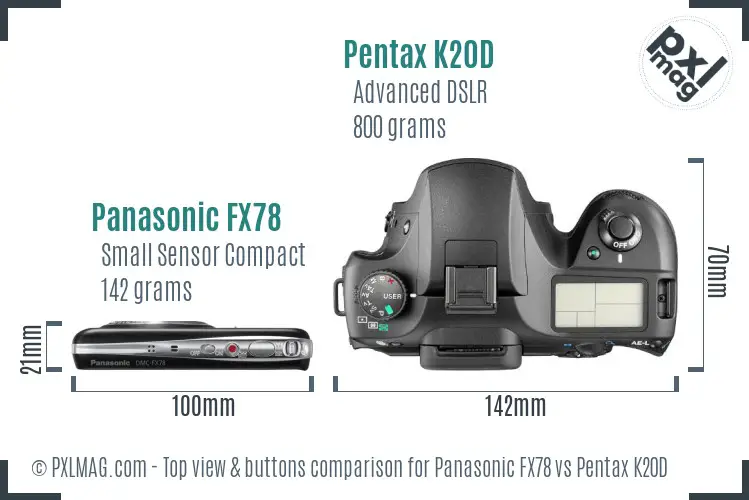 Panasonic FX78 vs Pentax K20D top view buttons comparison