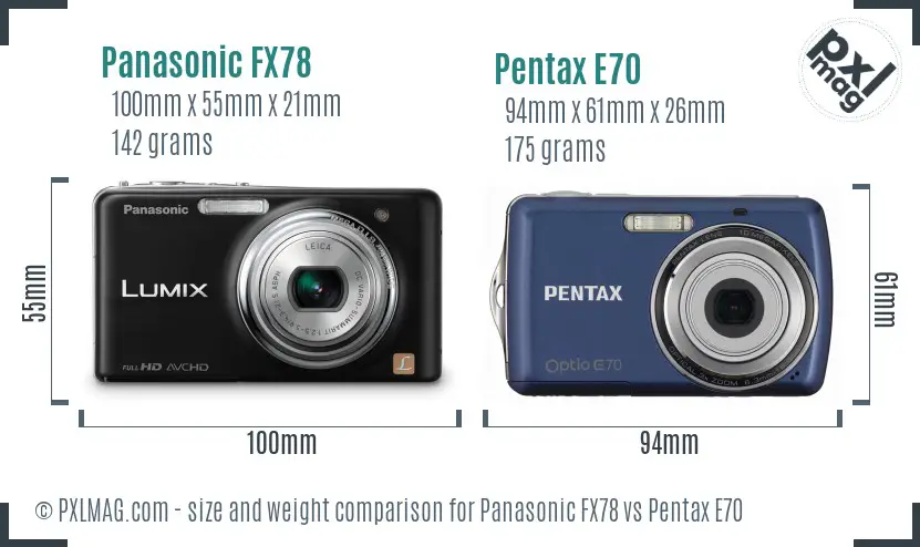 Panasonic FX78 vs Pentax E70 size comparison