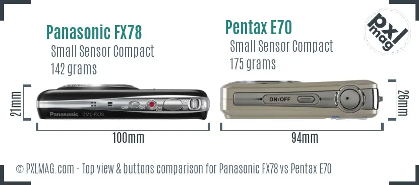 Panasonic FX78 vs Pentax E70 top view buttons comparison