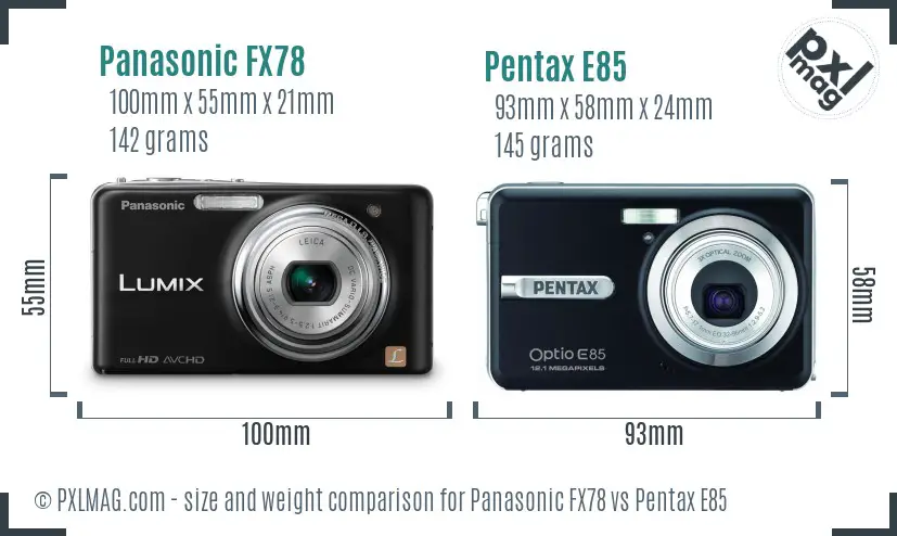 Panasonic FX78 vs Pentax E85 size comparison