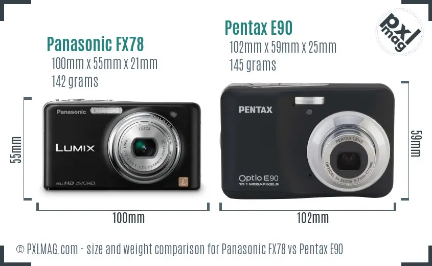 Panasonic FX78 vs Pentax E90 size comparison