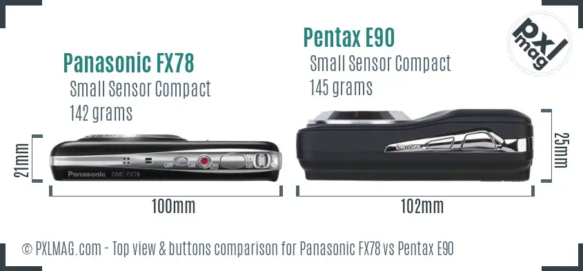 Panasonic FX78 vs Pentax E90 top view buttons comparison