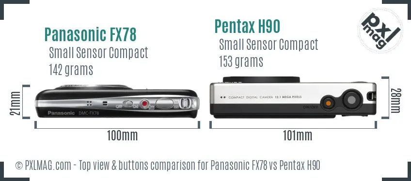 Panasonic FX78 vs Pentax H90 top view buttons comparison