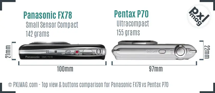 Panasonic FX78 vs Pentax P70 top view buttons comparison