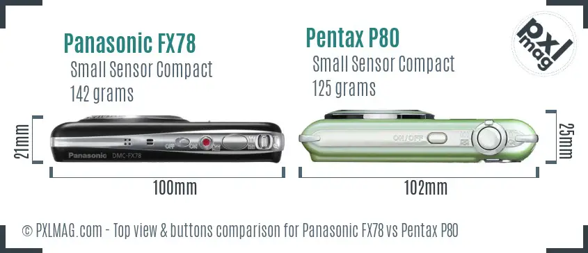 Panasonic FX78 vs Pentax P80 top view buttons comparison