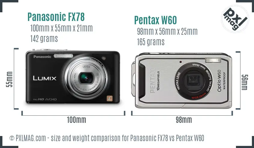 Panasonic FX78 vs Pentax W60 size comparison