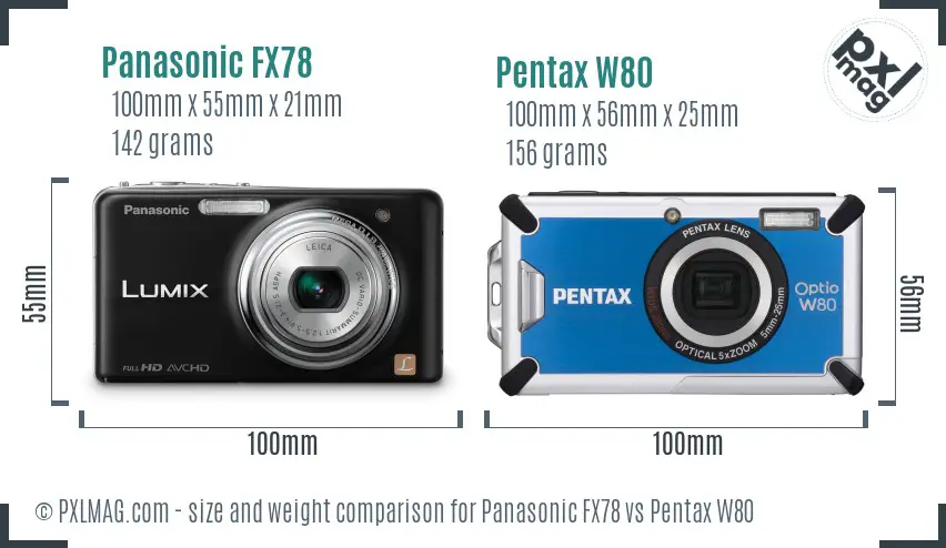 Panasonic FX78 vs Pentax W80 size comparison