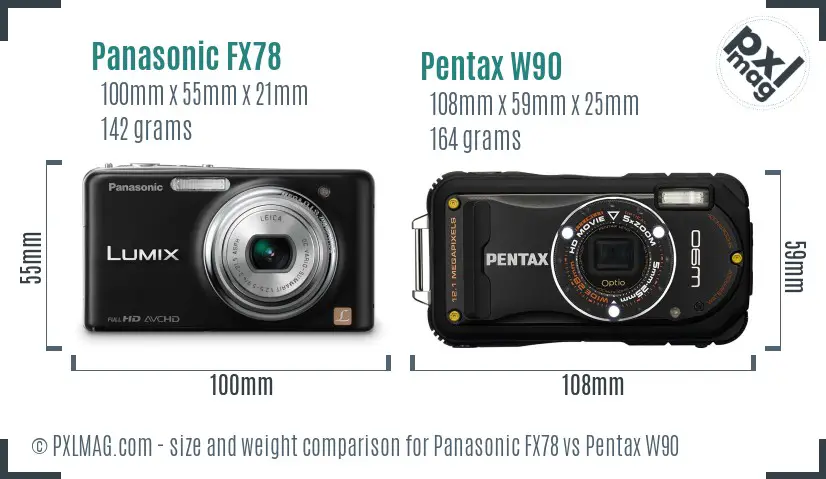 Panasonic FX78 vs Pentax W90 size comparison