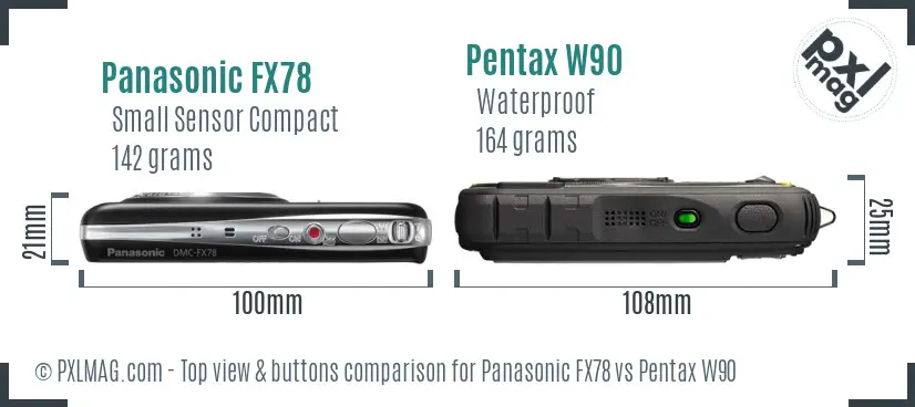 Panasonic FX78 vs Pentax W90 top view buttons comparison