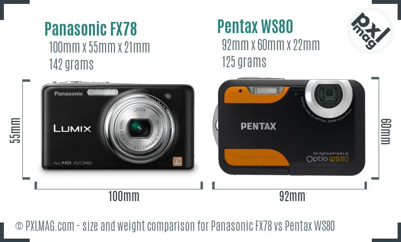 Panasonic FX78 vs Pentax WS80 size comparison