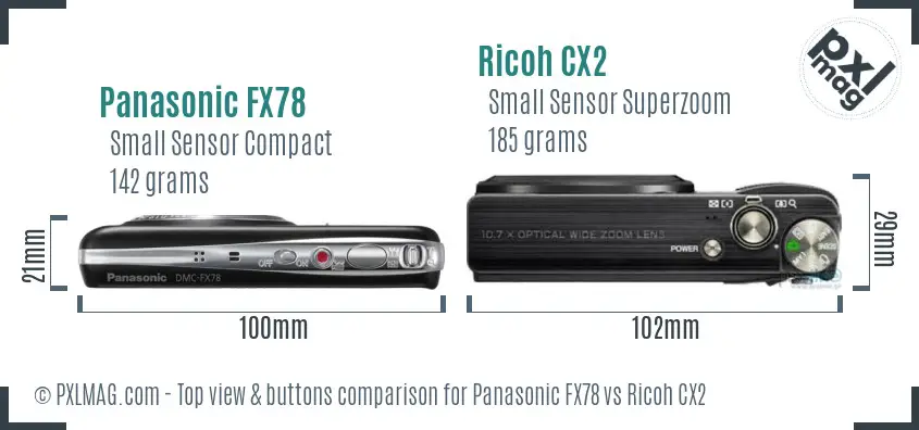 Panasonic FX78 vs Ricoh CX2 top view buttons comparison Panasonic FX78 vs Ricoh CX2 top view buttons comparison