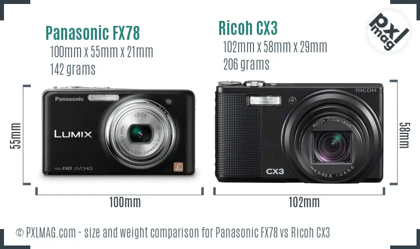 Panasonic FX78 vs Ricoh CX3 size comparison