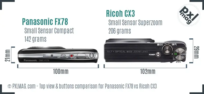 Panasonic FX78 vs Ricoh CX3 top view buttons comparison