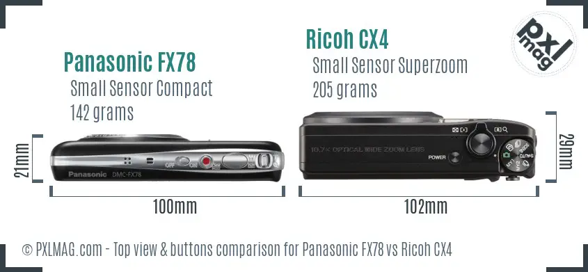 Panasonic FX78 vs Ricoh CX4 top view buttons comparison