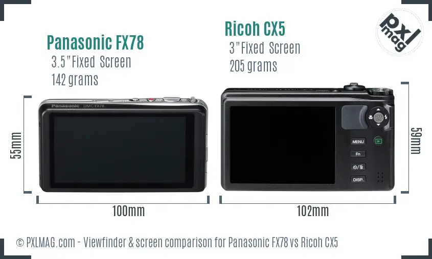 Panasonic FX78 vs Ricoh CX5 Screen and Viewfinder comparison