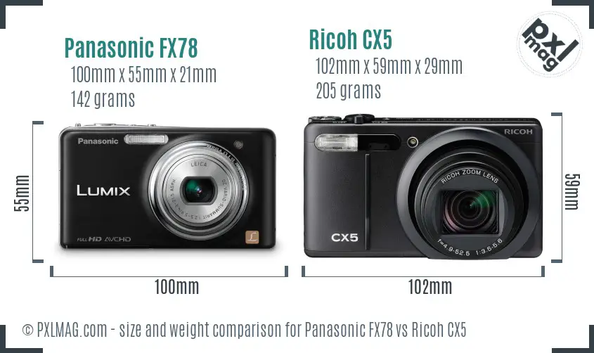 Panasonic FX78 vs Ricoh CX5 size comparison