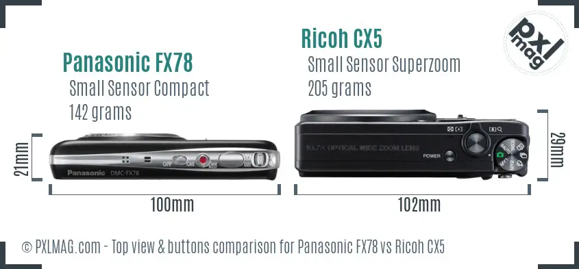 Panasonic FX78 vs Ricoh CX5 top view buttons comparison
