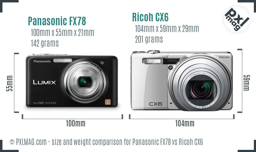 Panasonic FX78 vs Ricoh CX6 size comparison