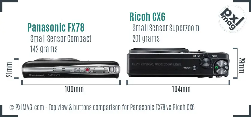 Panasonic FX78 vs Ricoh CX6 top view buttons comparison