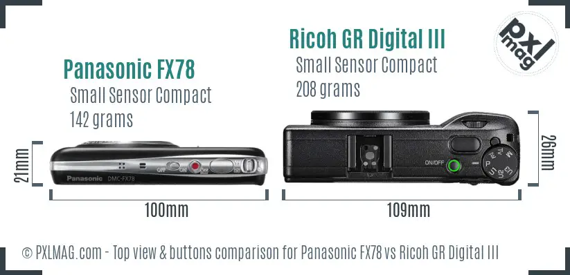 Panasonic FX78 vs Ricoh GR Digital III top view buttons comparison