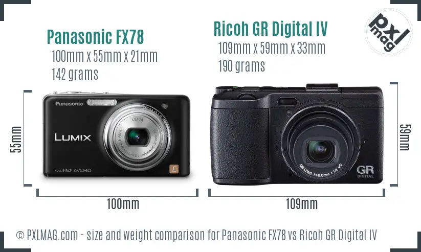 Panasonic FX78 vs Ricoh GR Digital IV size comparison