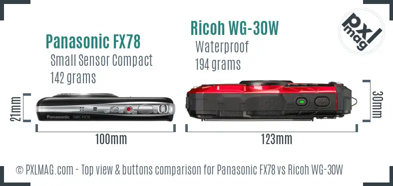 Panasonic FX78 vs Ricoh WG-30W top view buttons comparison Panasonic FX78 vs Ricoh WG-30W top view buttons comparison