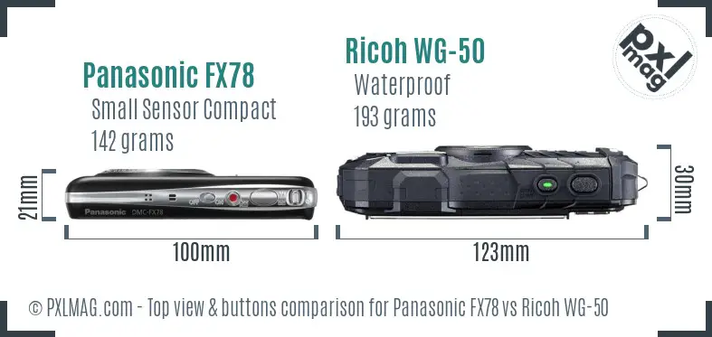 Panasonic FX78 vs Ricoh WG-50 top view buttons comparison Panasonic FX78 vs Ricoh WG-50 top view buttons comparison