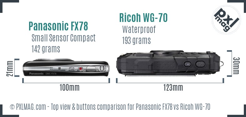 Panasonic FX78 vs Ricoh WG-70 top view buttons comparison